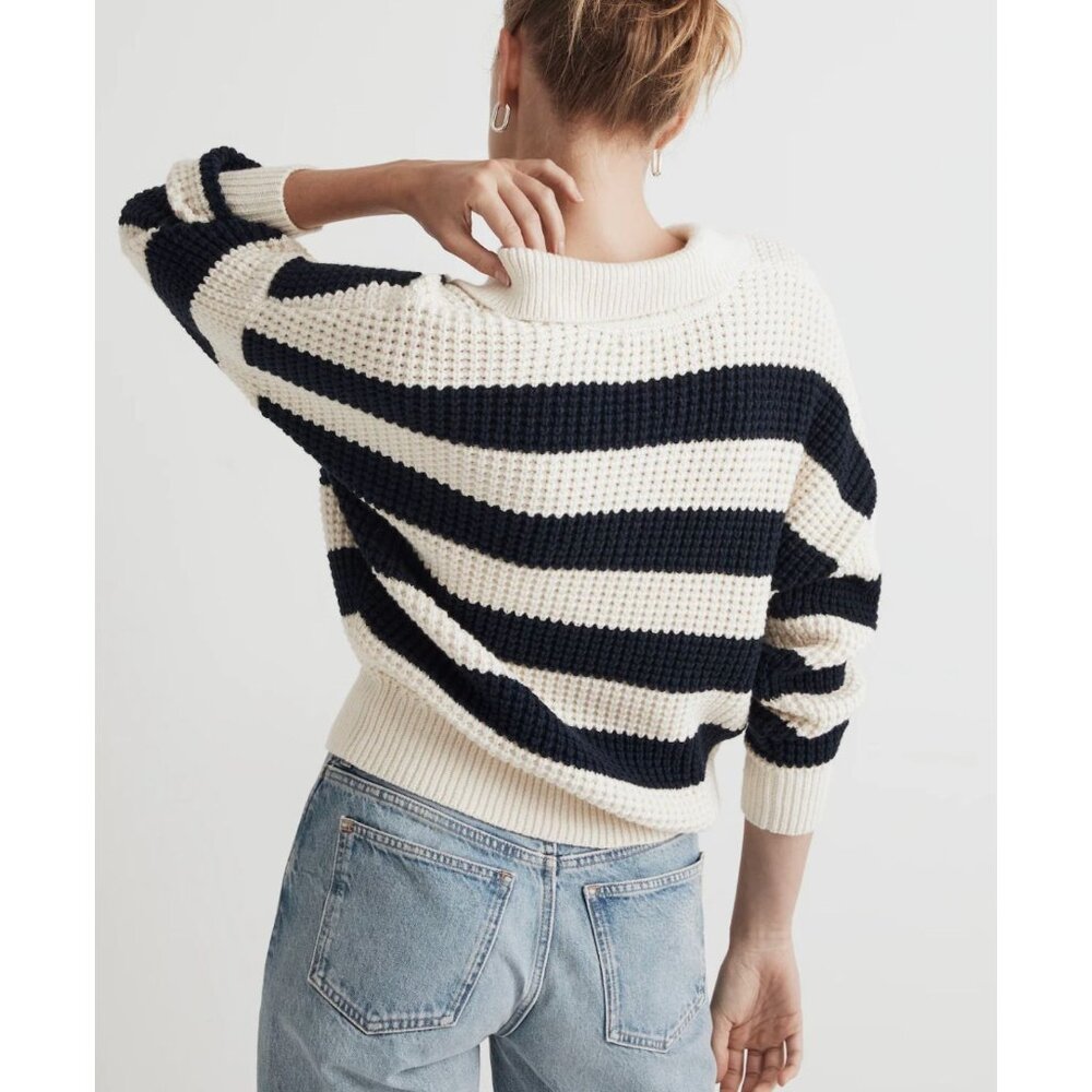 Madewell Waffle-Knit Henley Sweater Blue Ivory Stripe-sz Small - Picture 2 of 9